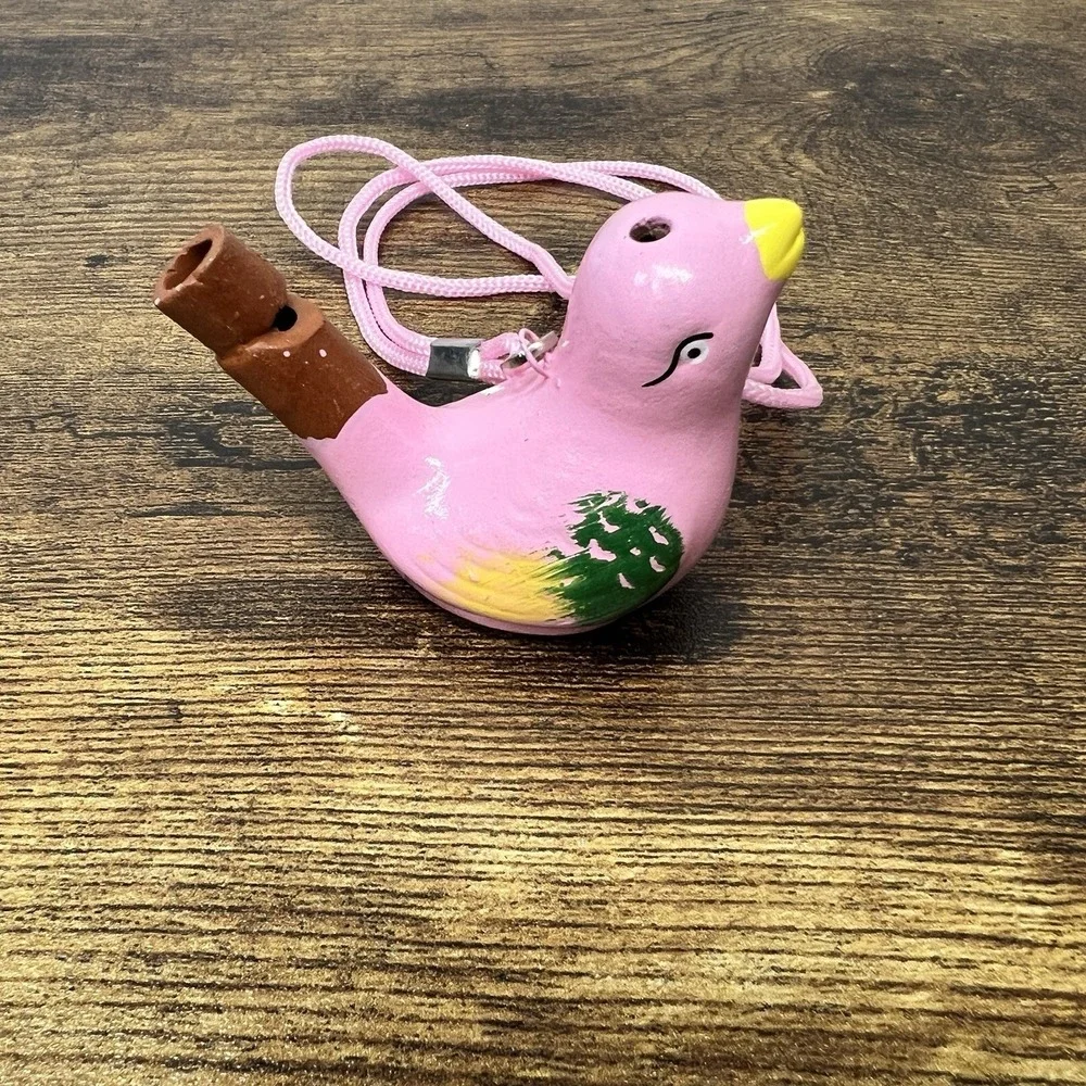 Ceramic Bird Whistle Pink Folk Art Ocarina‎ Necklace Green Yelllow